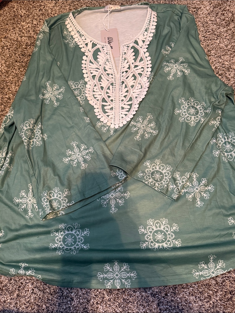 Women's Sage Green Embroidered V-Neck Tunic with White Lace Detail